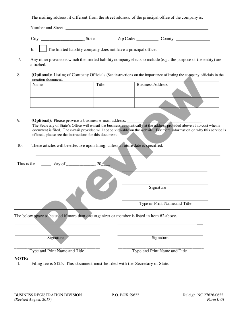 North Carolina Articles Of Organization For Domestic Limited Liability