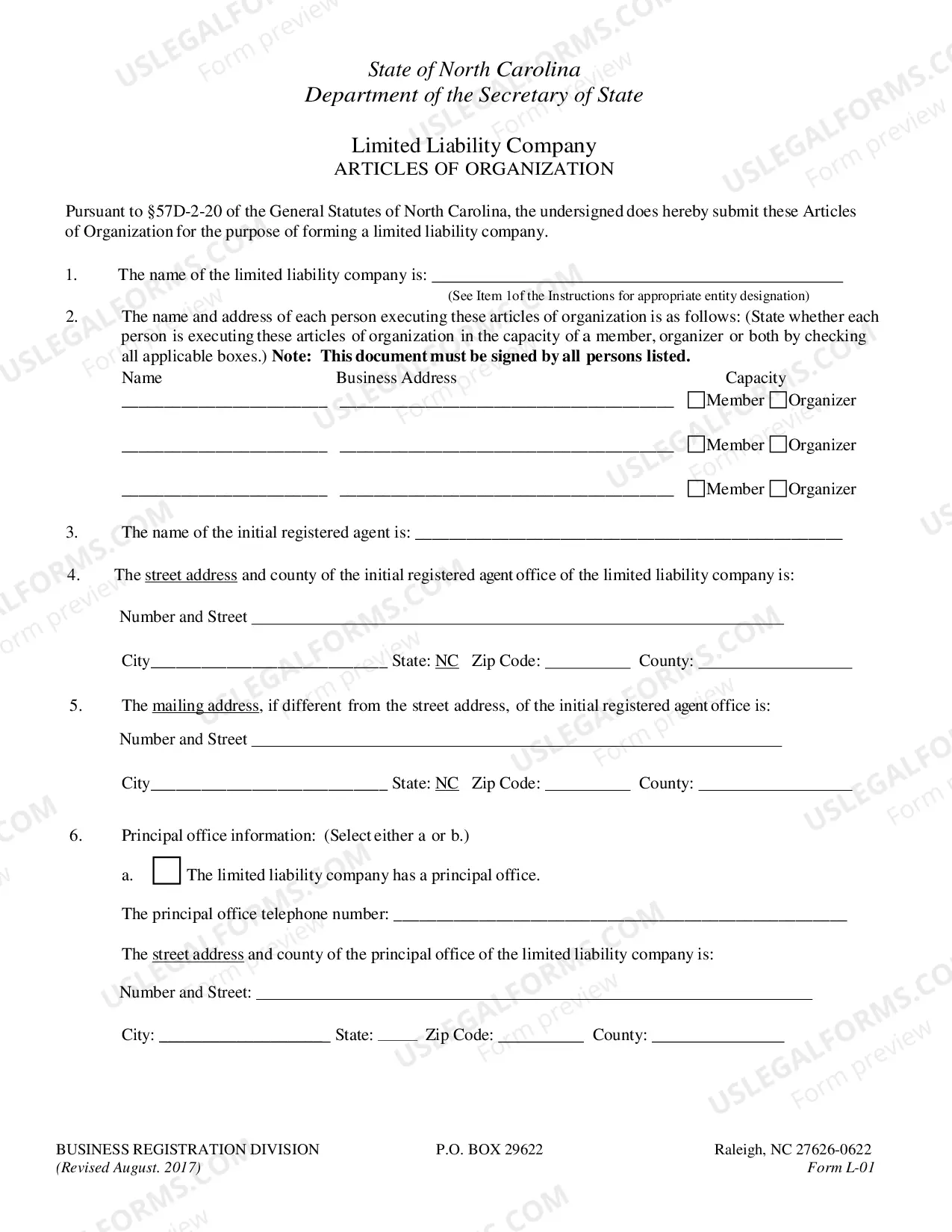 Preview North Carolina Articles of Organization for Domestic Limited Liability Company LLC
