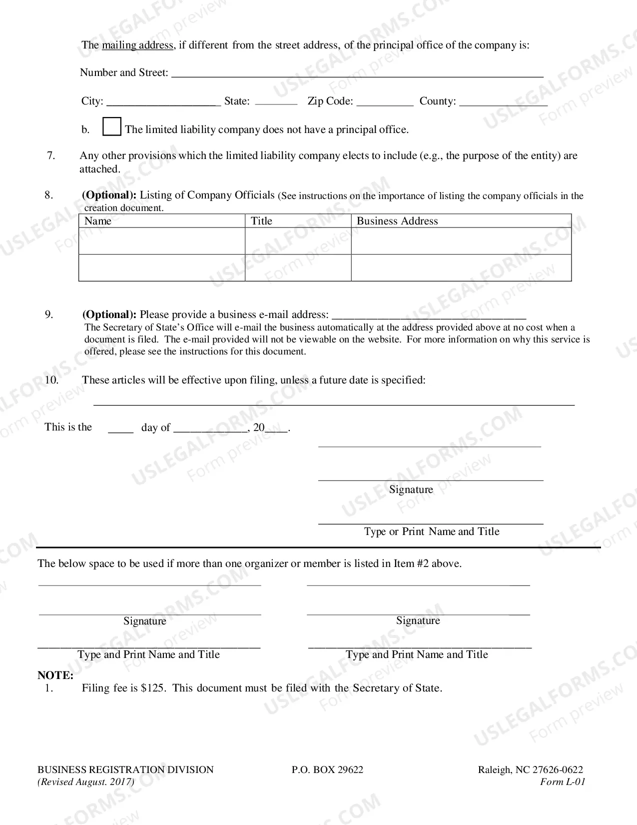 Preview North Carolina Articles of Organization for Domestic Limited Liability Company LLC