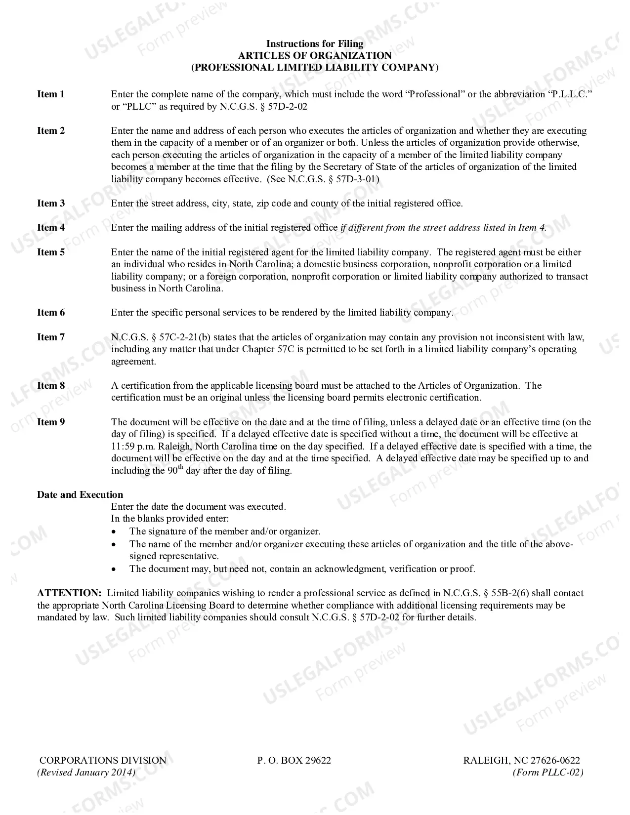 Preview North Carolina Professional Limited Liability Company PLLC Articles of Organization