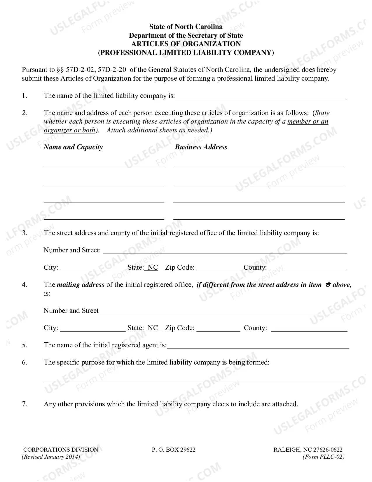 Preview North Carolina Professional Limited Liability Company PLLC Articles of Organization