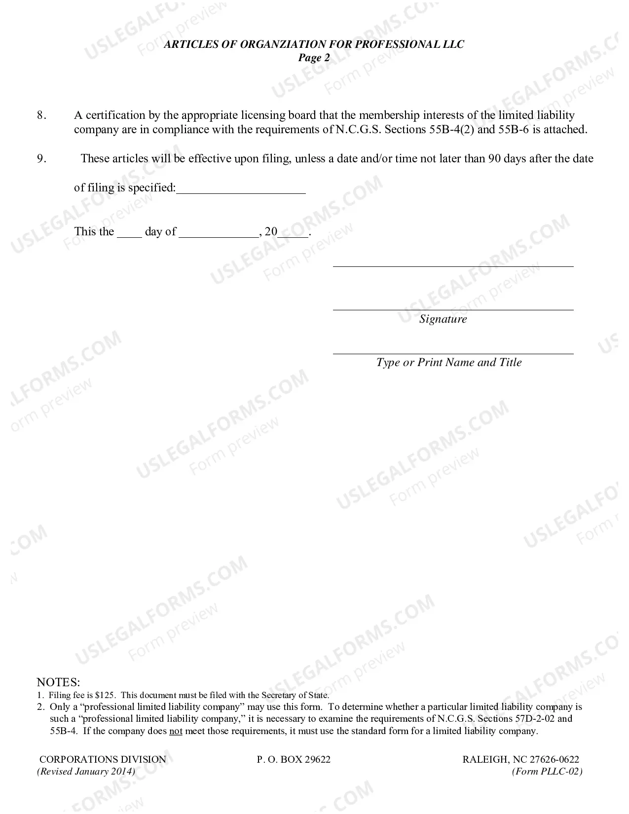 Preview North Carolina Professional Limited Liability Company PLLC Articles of Organization