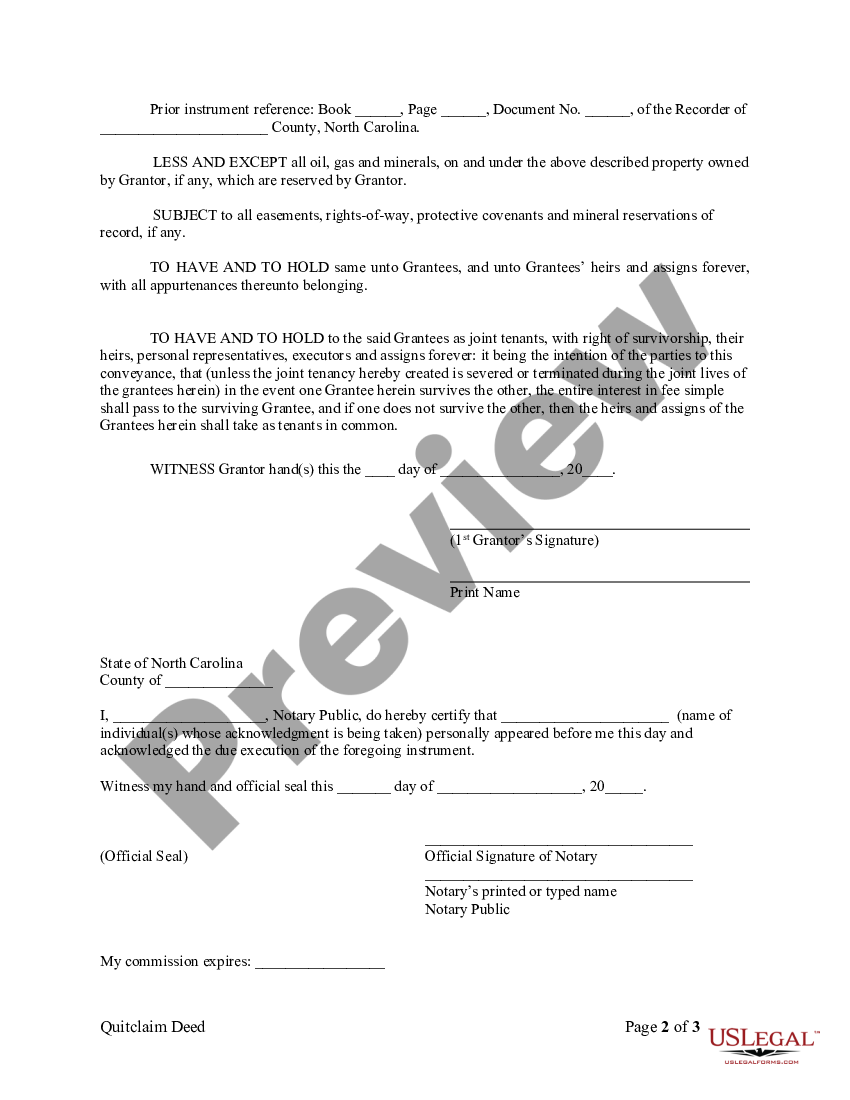 North Carolina Quitclaim Deed from Individual to Husband and Wife ...