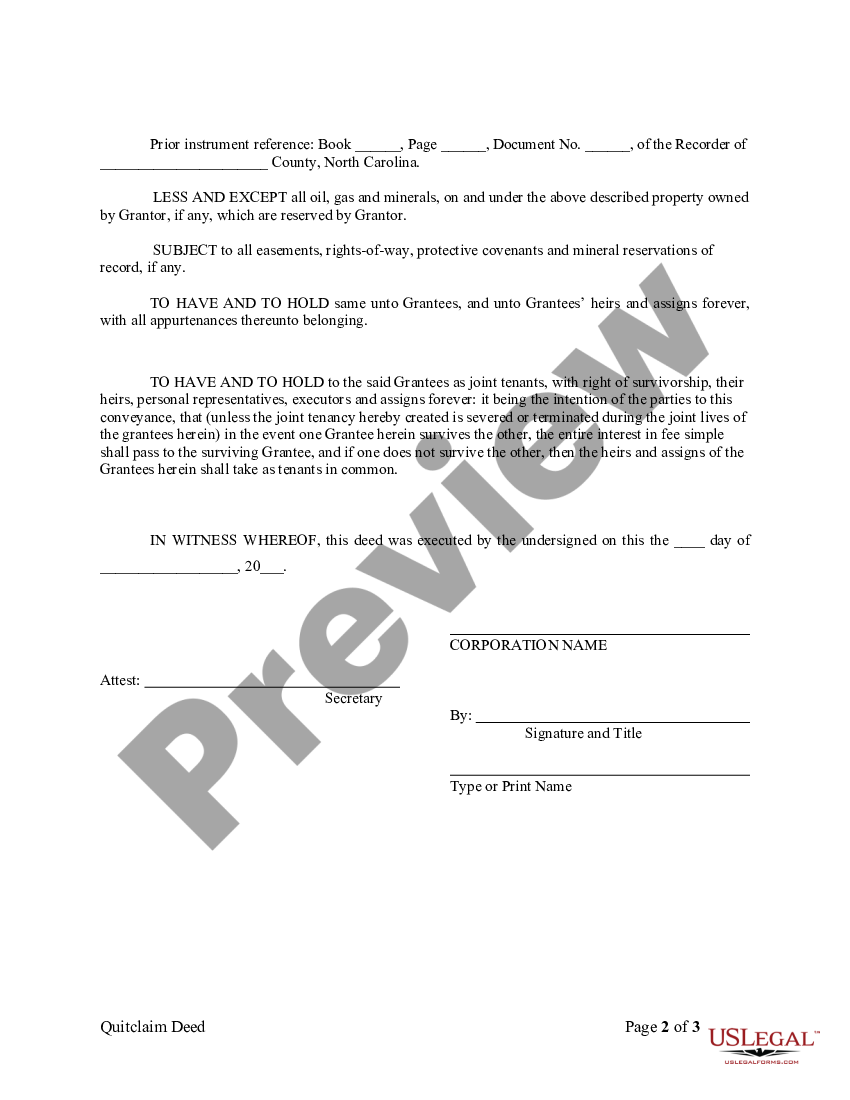 North Carolina Quitclaim Deed From Corporation To Husband And Wife North Carolina Quitclaim 