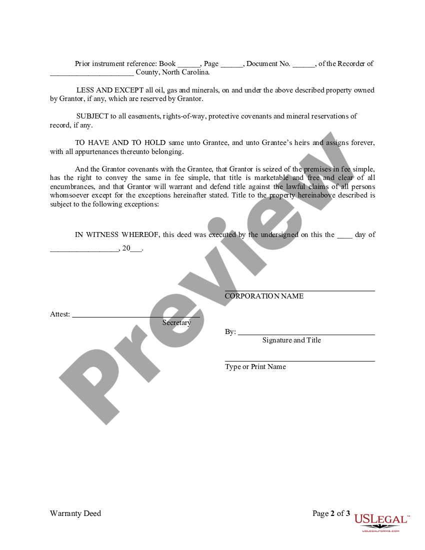 North Carolina General Warranty Deed from Corporation to Individual ...