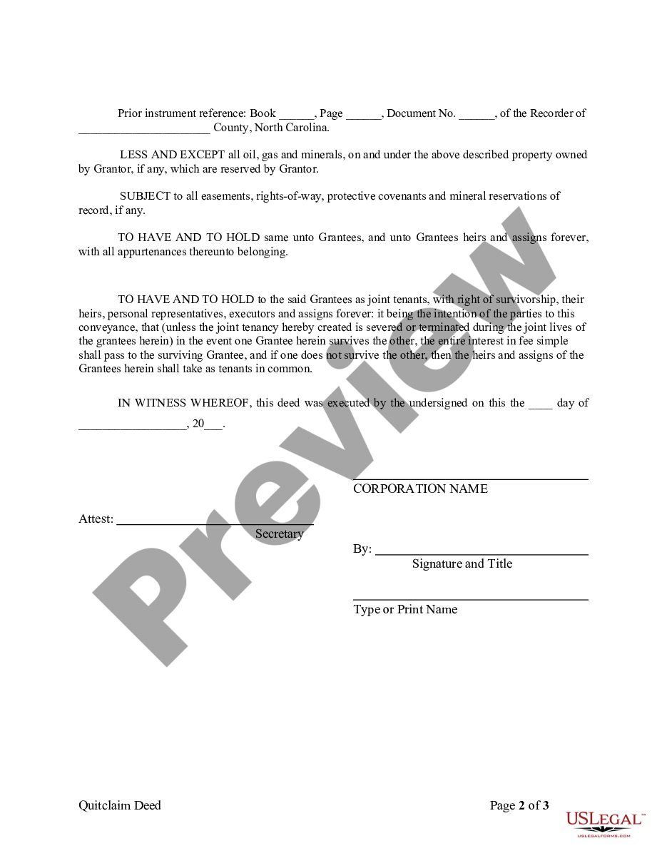 North Carolina Quitclaim Deed from Corporation to Two Individuals