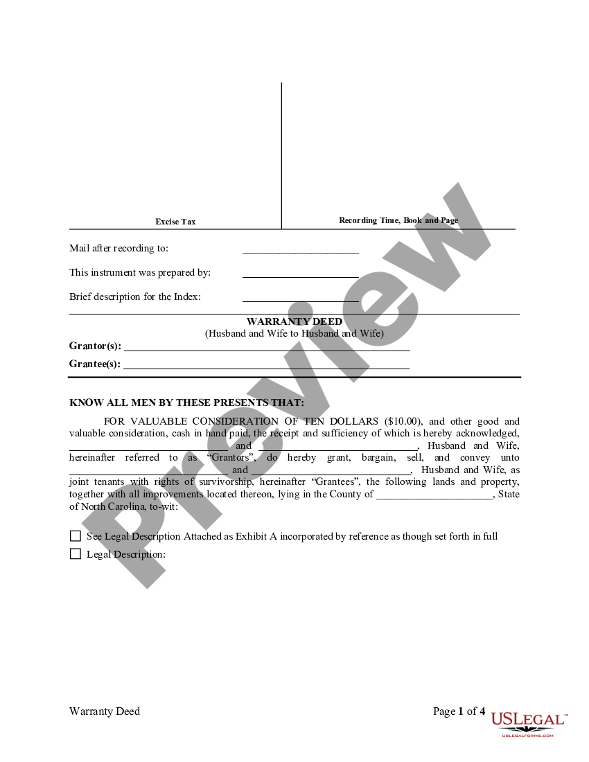 North Carolina General Warranty Deed From Husband And Wife To Husband ...