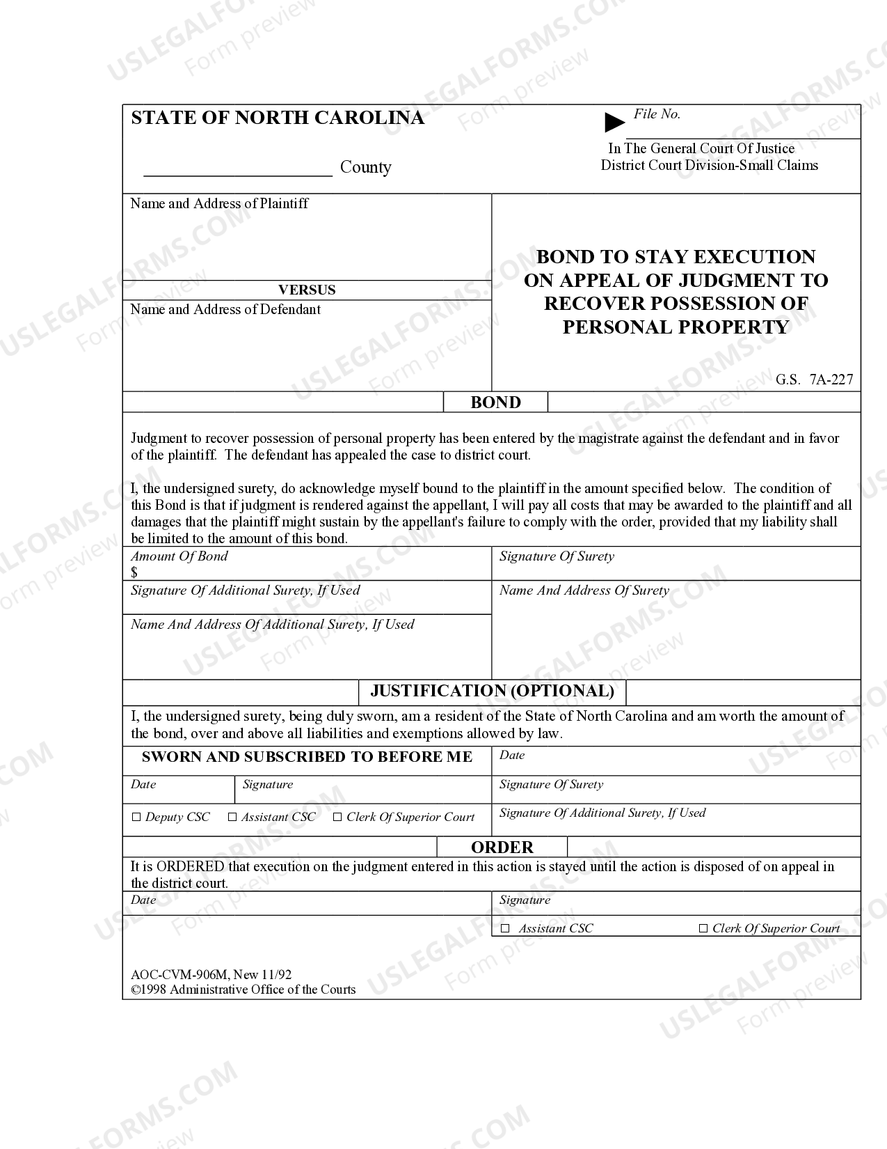 North Carolina Bond to Stay Execution on Appeal of Judgment to Personal