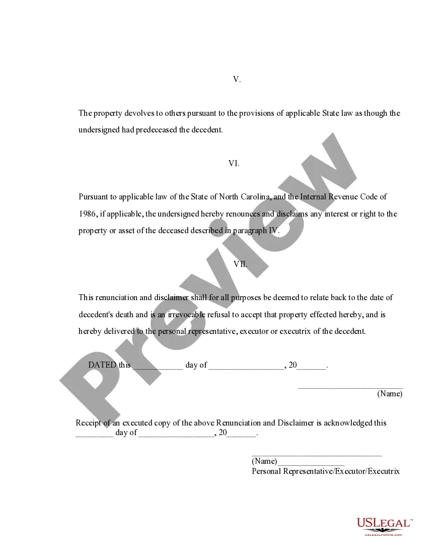 Preview North Carolina Renunciation and Disclaimer of Property - Individual Retirement Account, Annuity, or Bond