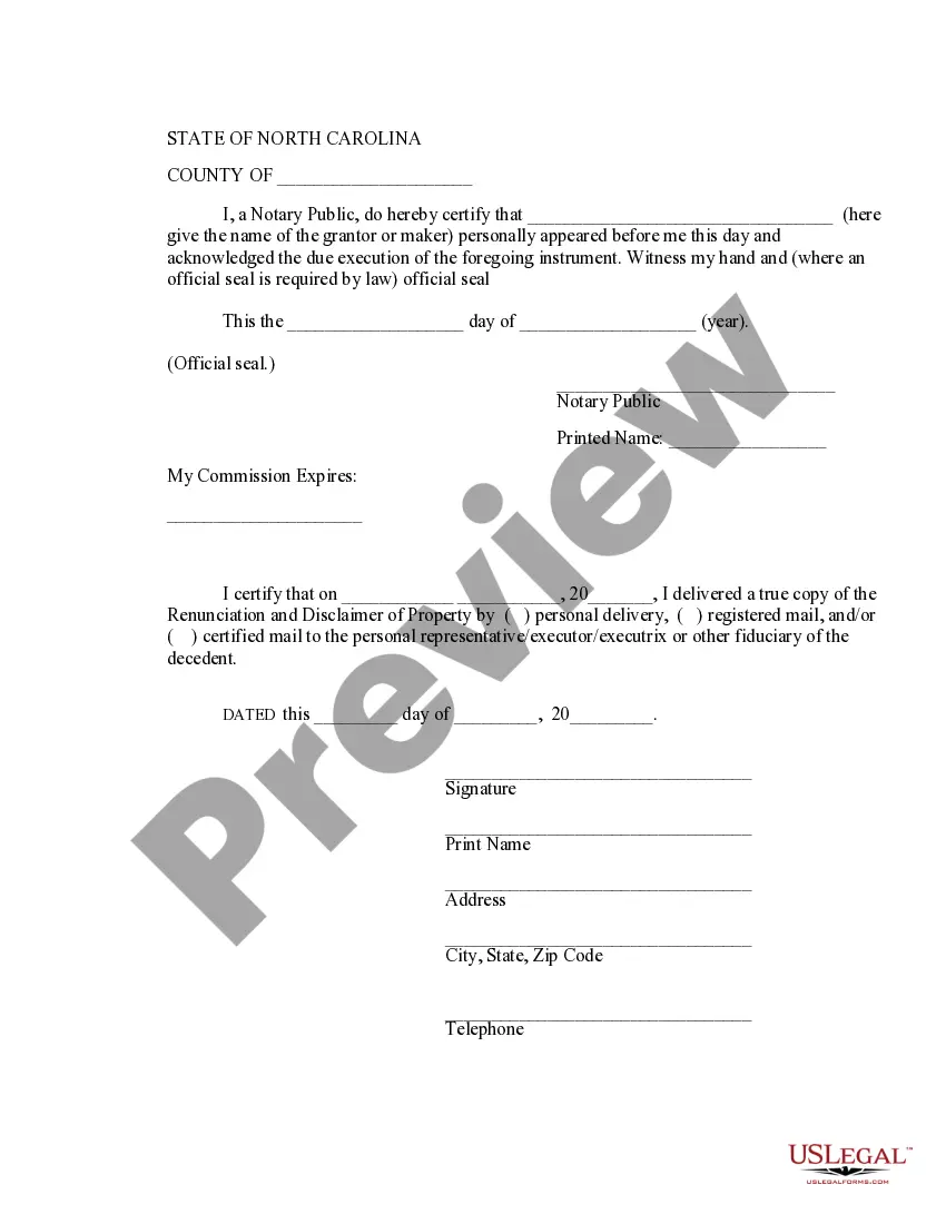 Preview North Carolina Renunciation and Disclaimer of Property - Individual Retirement Account, Annuity, or Bond
