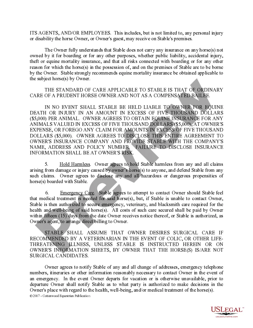 Preview Boarding Stable Agreement - Horse Equine Forms
