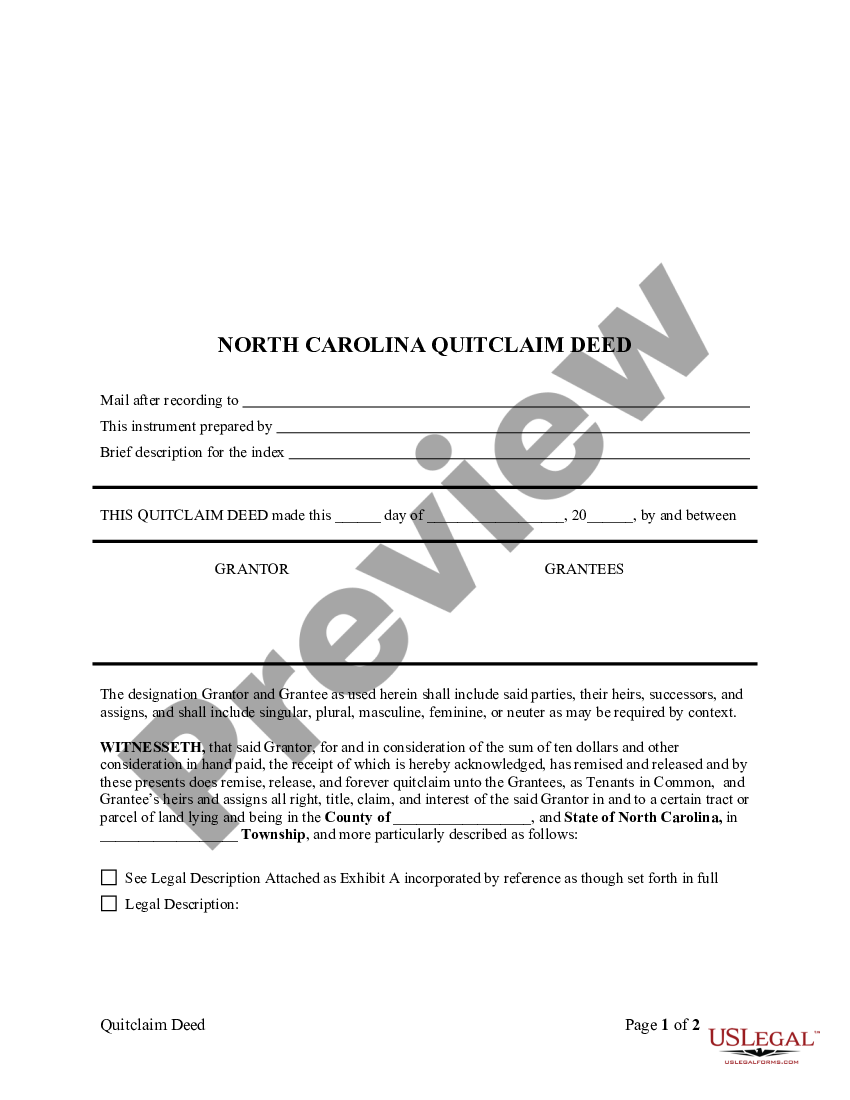 North Carolina Quit Claim Deed Template