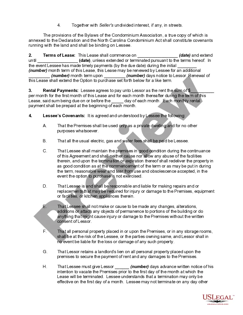 Get Condominium Lease Agreement with Option to Purchase and Rent Payments to Apply to Purchase Price - Rent to Own - Condo Rental Preview Condominium Lease Agreement with Option to Purchase and Rent Payments to Apply to Purchase Price - Rent to Own - Condo Rental