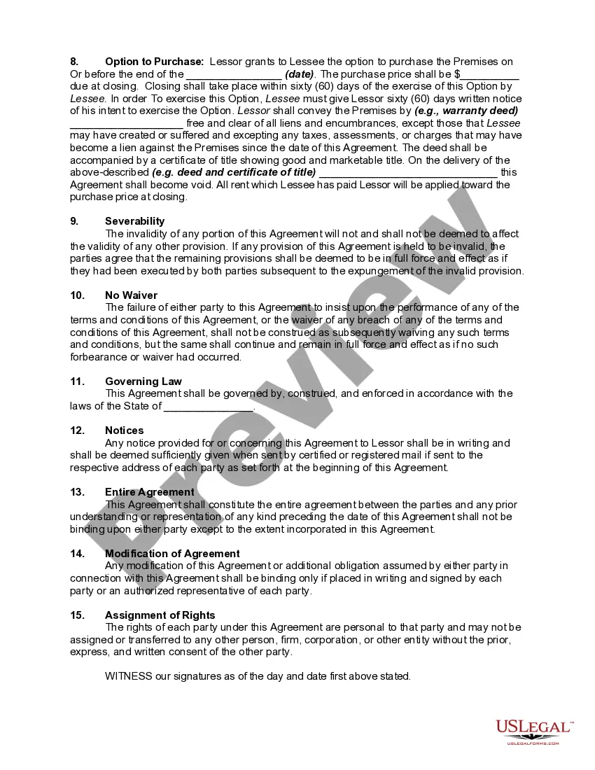 Get Condominium Lease Agreement with Option to Purchase and Rent Payments to Apply to Purchase Price - Rent to Own - Condo Rental Preview Condominium Lease Agreement with Option to Purchase and Rent Payments to Apply to Purchase Price - Rent to Own - Condo Rental