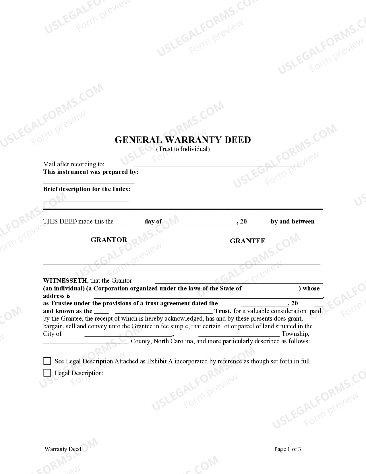 North Carolina General Warranty Deed - Trust to Individual - General  Warranty Deed | US Legal Forms