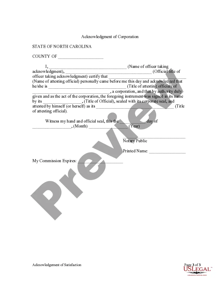 Get Acknowledgment of Satisfaction for Corporation Preview Acknowledgment of Satisfaction for Corporation