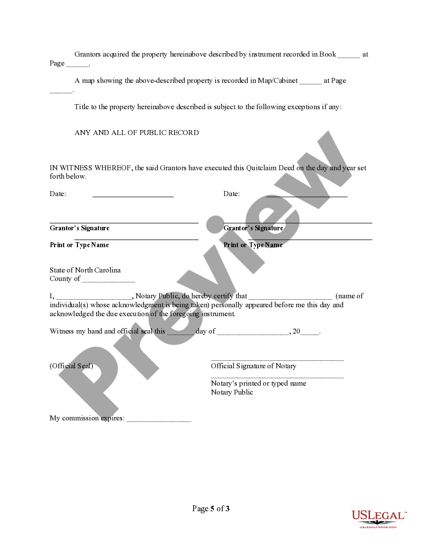 North Carolina Quitclaim Deed by Two Individuals to Husband and Wife