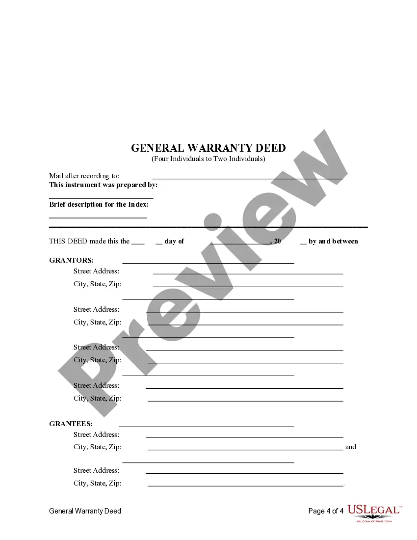 Get Warranty Deed from Four Individuals to Two Individuals. Preview Warranty Deed from Four Individuals to Two Individuals.