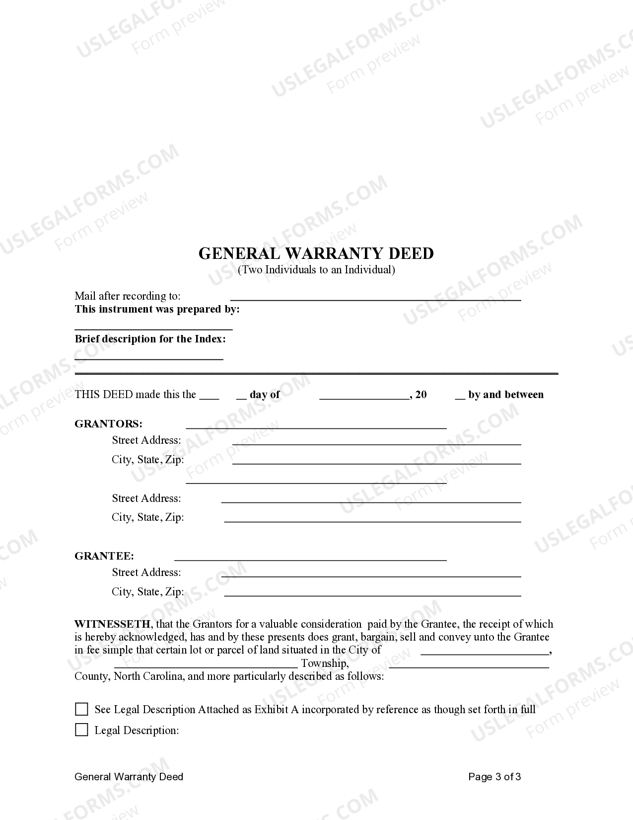 North Carolina General Warranty Deed from Two Individuals to an ...