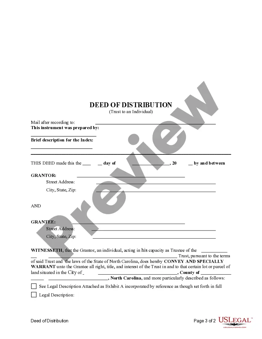 Preview Deed of Distribution - Trust to an Individual