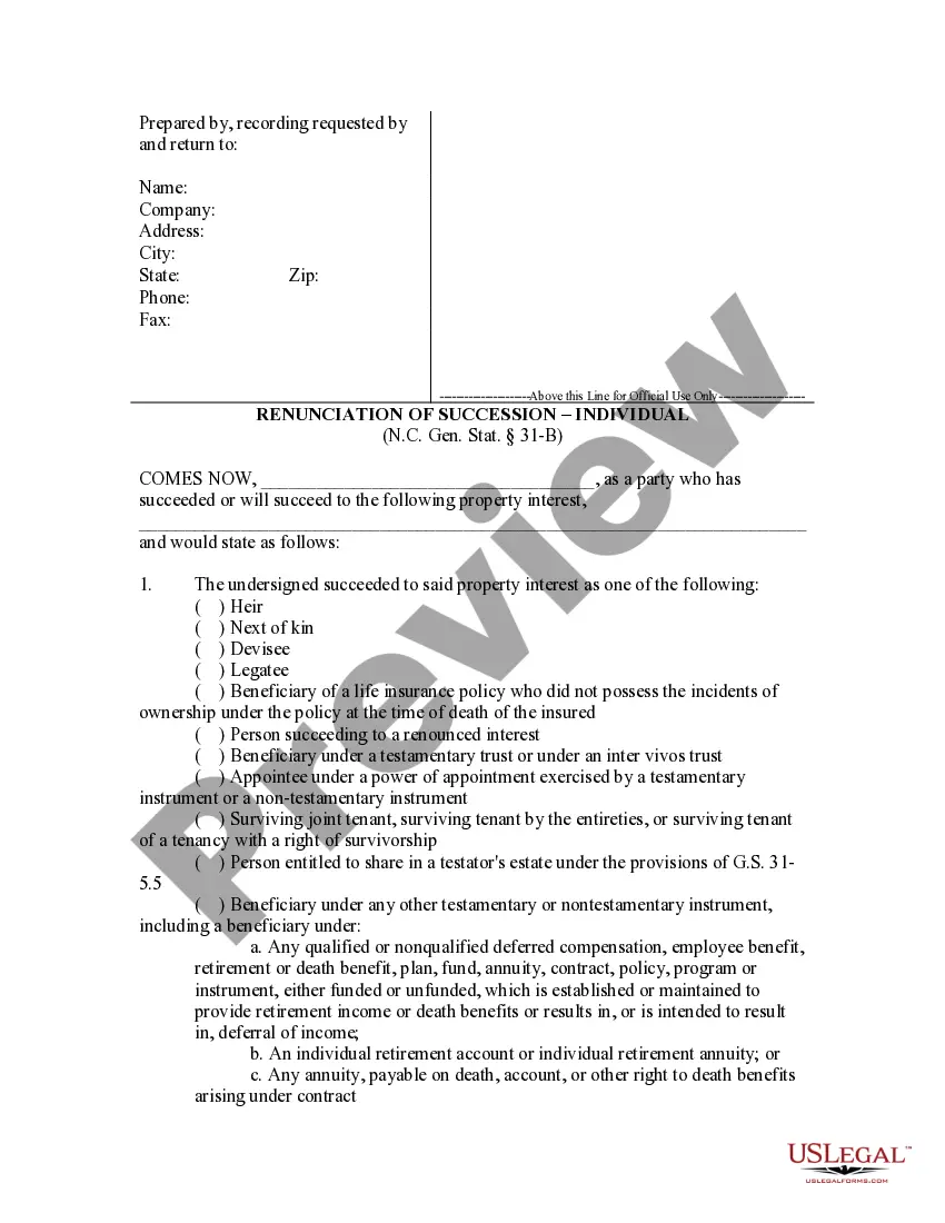 Preview North Carolina Renunciation and Disclaimer of Joint Tenant or Tenancy Interest