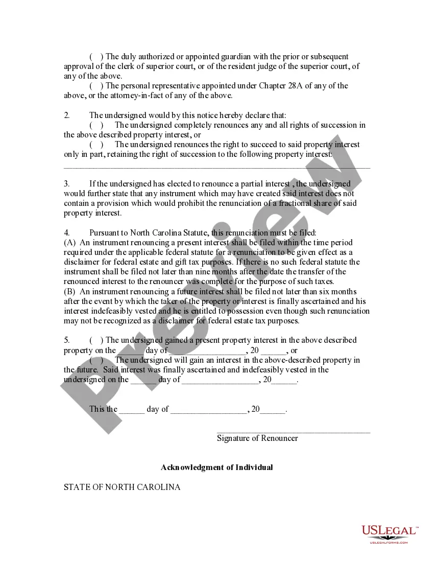 Preview North Carolina Renunciation and Disclaimer of Joint Tenant or Tenancy Interest