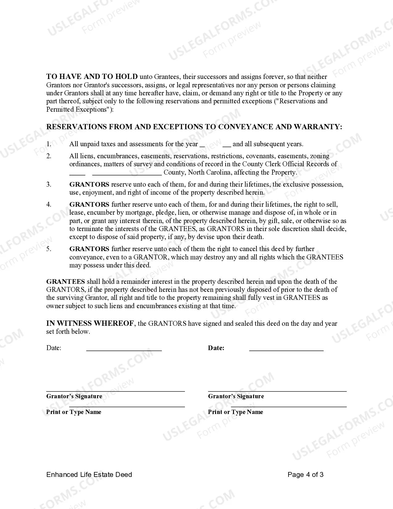Preview Enhanced Life Estate Deed (Lady Bird) from Husband and Wife, or Two Individuals, to Four Individuals as Tenants in Common.