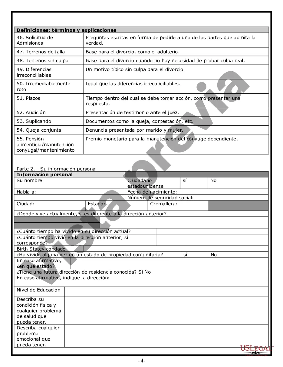 Get Hoja de trabajo de divorcio y resumen de la ley para casos disputados o no disputados de más de 25 páginas - Formulario de entrevista de cliente ideal Preview Hoja de trabajo de divorcio y resumen de la ley para casos disputados o no disputados de más de 25 páginas - Formulario de entrevista de cliente ideal