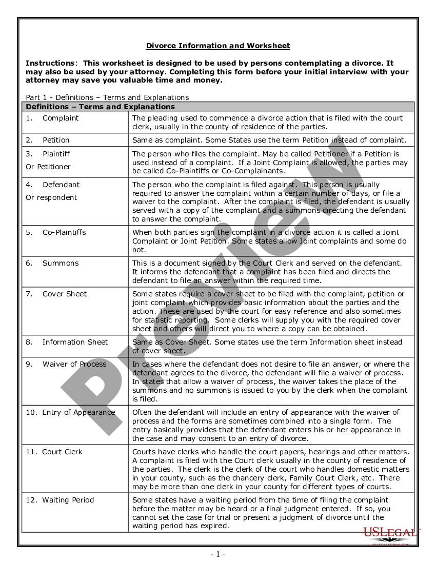 page 0 Divorce Worksheet and Law Summary for Contested or Uncontested Case of over 25 pages - Ideal Client Interview Form preview