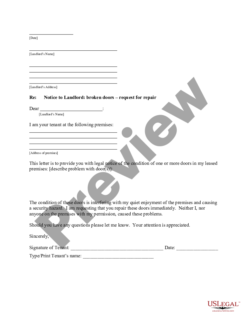 page 0 Letter from Tenant to Landlord containing Notice that doors are broken and demand repair preview