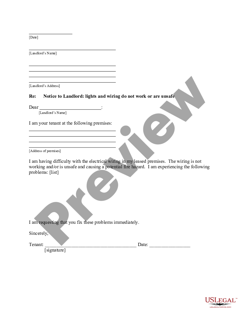 page 0 Letter from Tenant to Landlord with Demand that landlord repair unsafe or broken lights or wiring preview