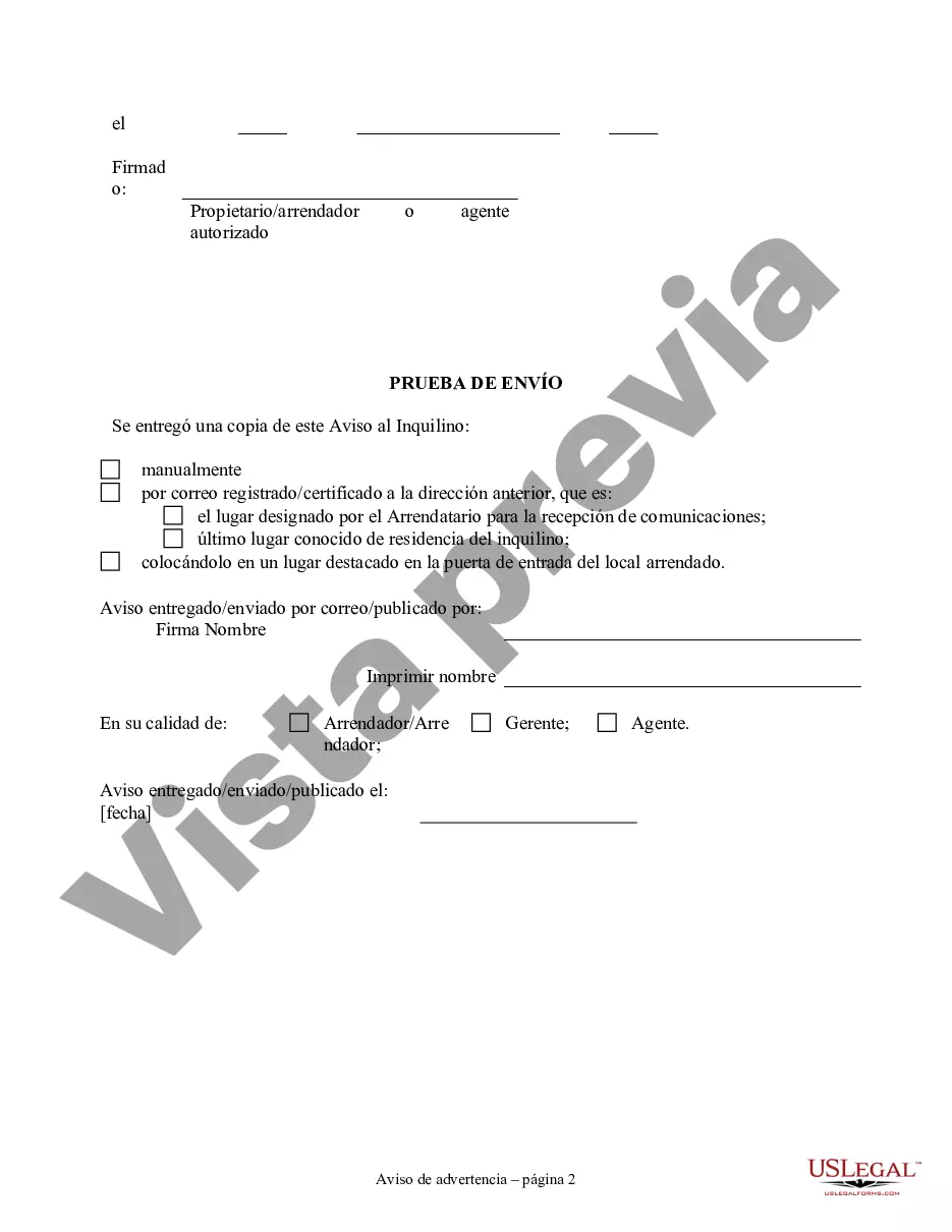 Preview Aviso de incumplimiento en el pago del alquiler como advertencia antes de la demanda de pago o rescisión de la propiedad no residencial o comercial