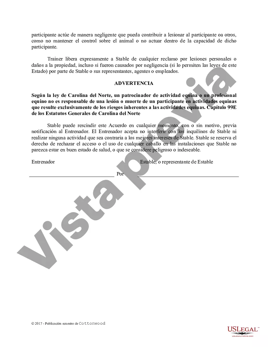 Preview Acuerdo de uso de las instalaciones del entrenador - Formularios equinos de caballos