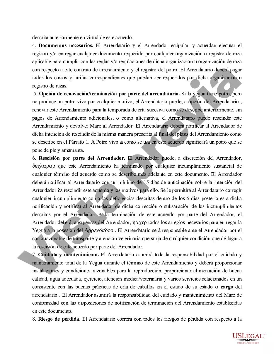 Preview Acuerdo de arrendamiento de yegua de cría de Carolina del Norte