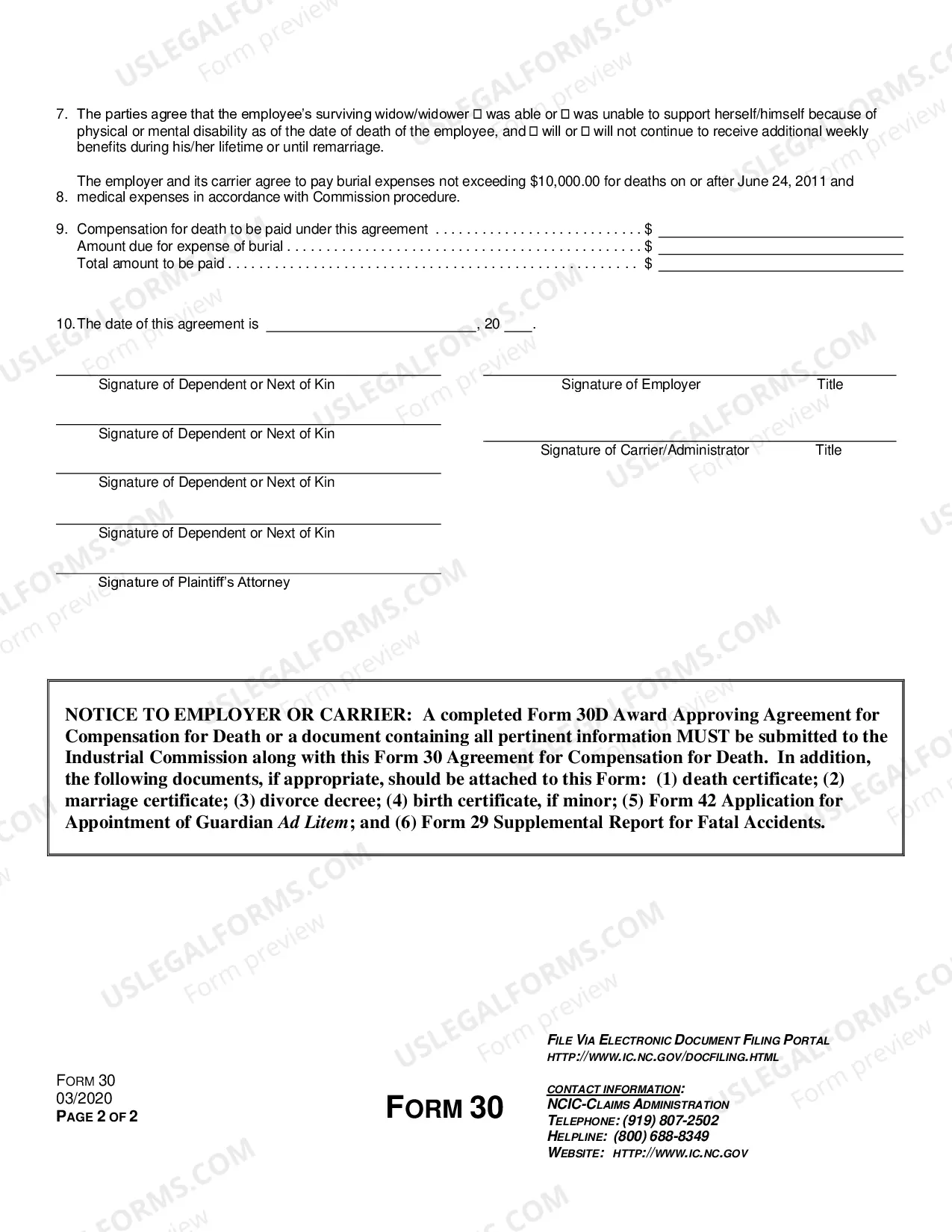 Preview Agreement for Compensation for Death for Workers' Compensation