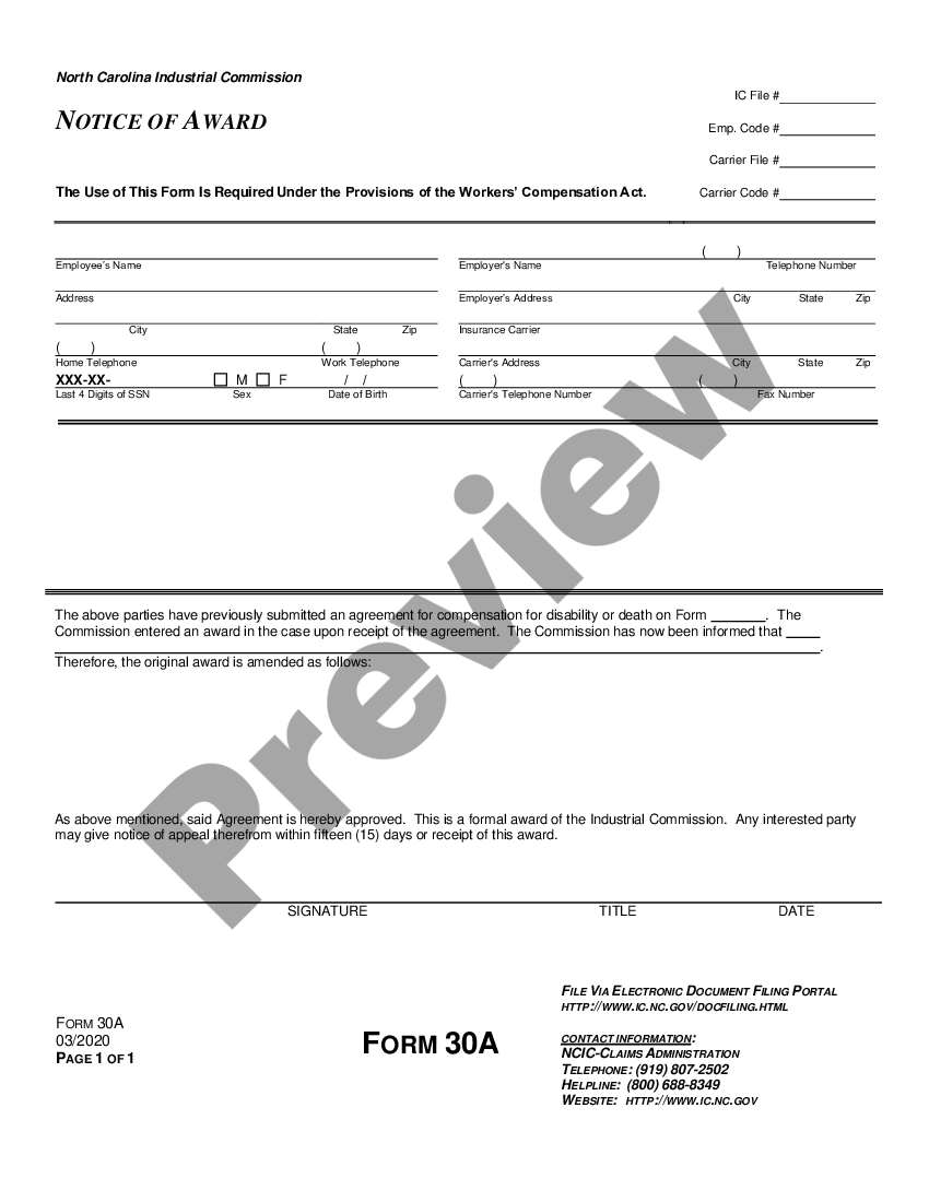 North Carolina Notice of Award for Workers' Compensation US Legal Forms