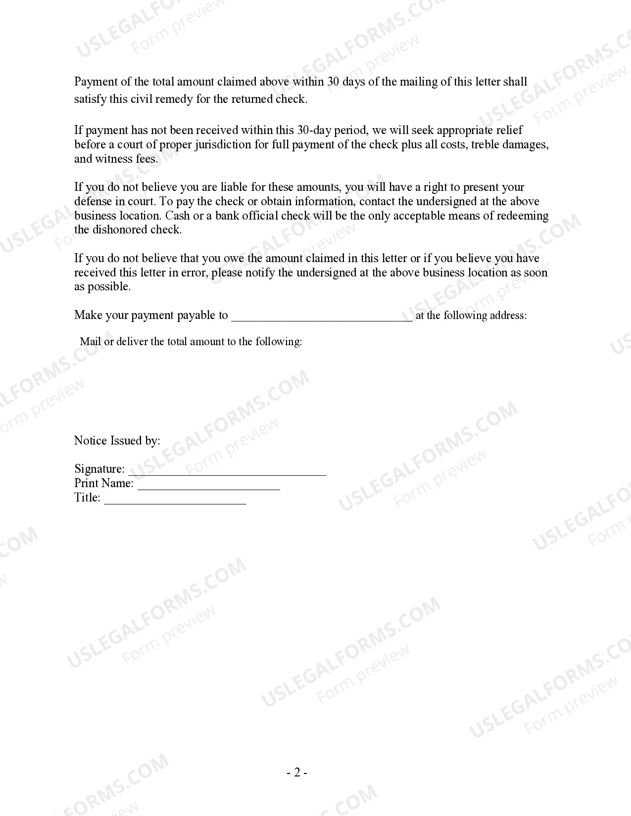 Preview Notice of Dishonored Check - Civil - 2nd Notice - Keywords: bad check, bounced check