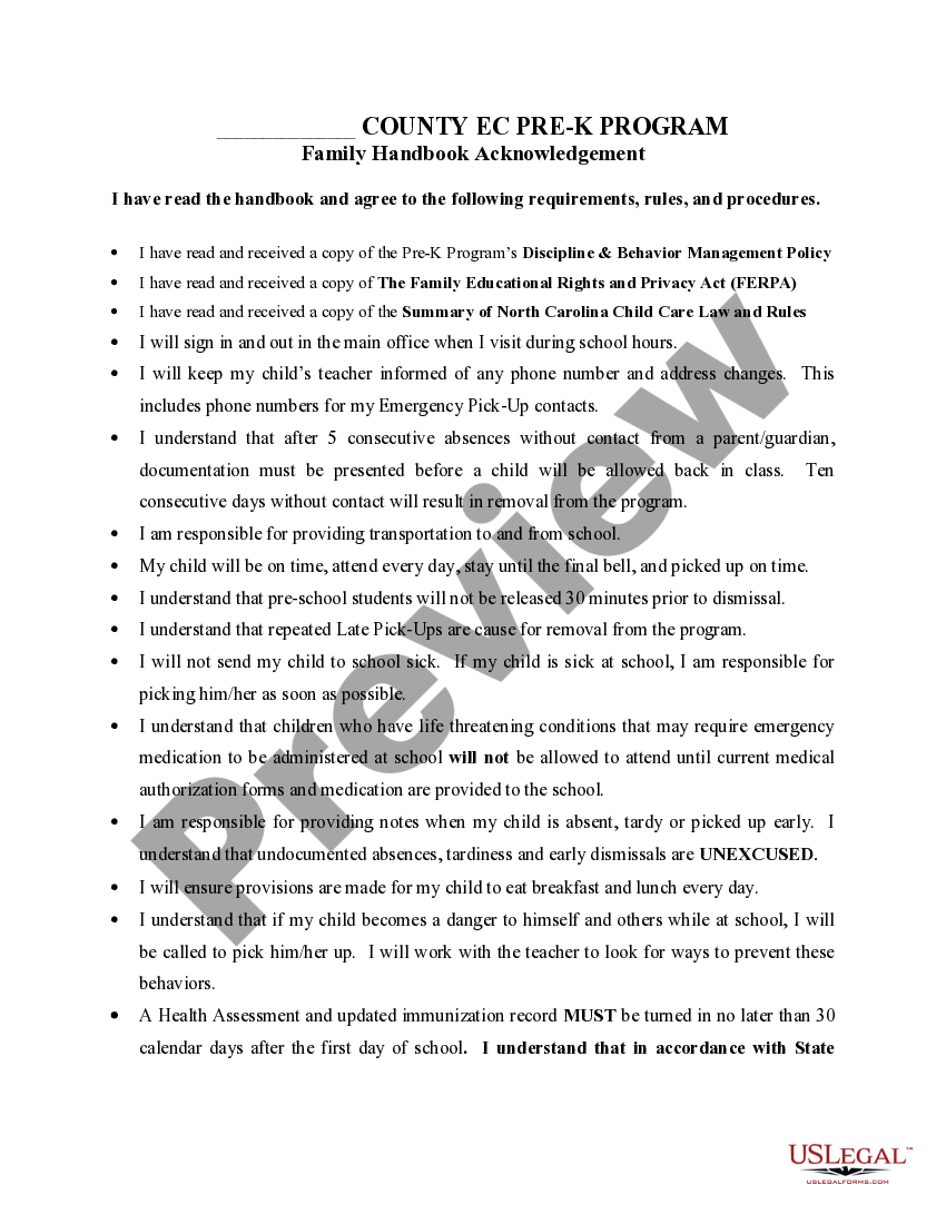 North Carolina PreK Handbook Acknowledgement US Legal Forms