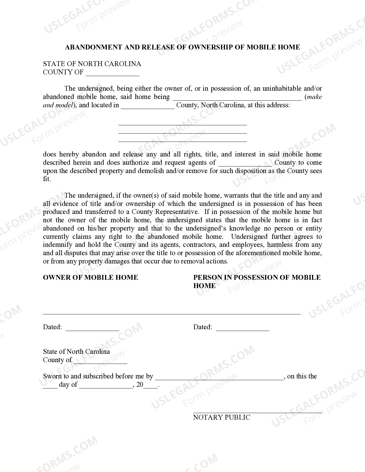 North Carolina Abandonment and Release of Ownership of Mobile Home US