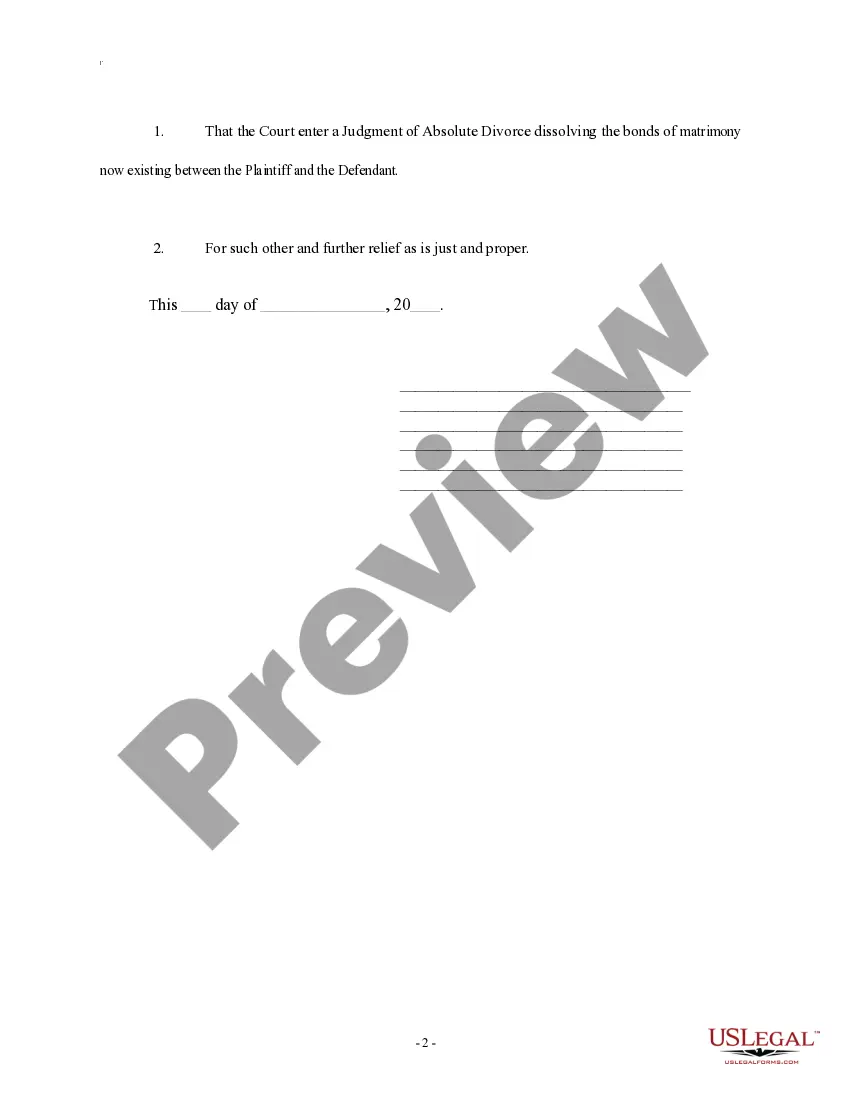 Get Complaint for Absolute Divorce for People with No Children Preview Complaint for Absolute Divorce for People with No Children