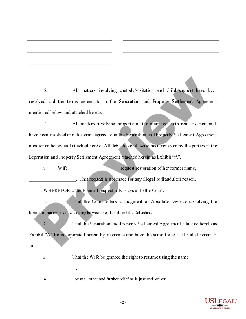 Get Complaint for Absolute Divorce Preview Complaint for Absolute Divorce