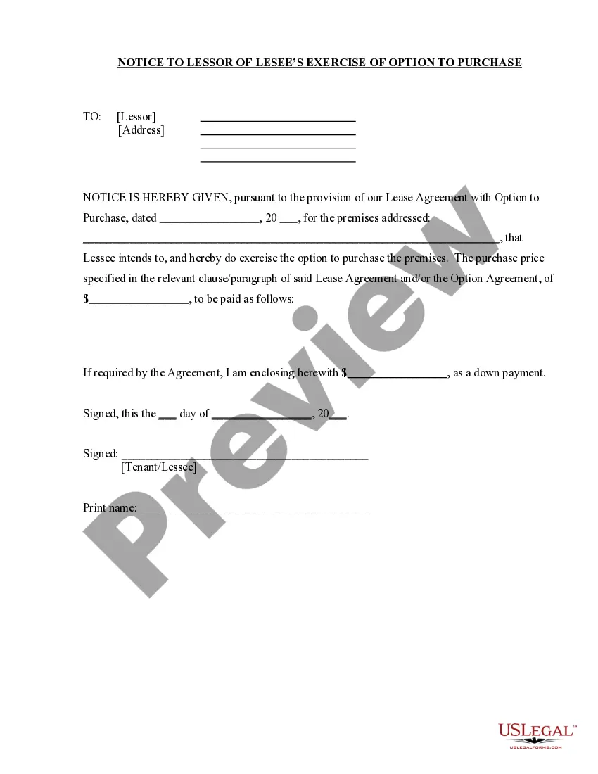 Get Notice to Lessor Exercising Option to Purchase Preview Notice to Lessor Exercising Option to Purchase