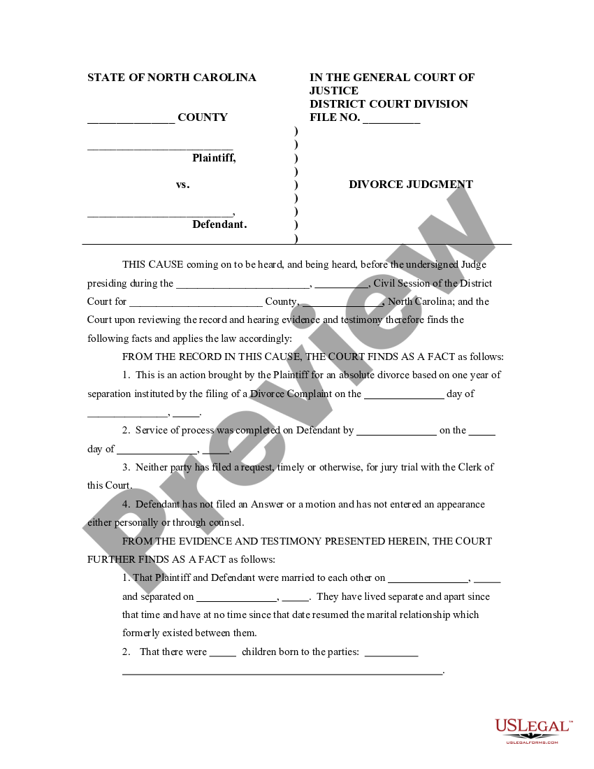 North Carolina Judgment of Divorce Divorce Judgement US Legal Forms