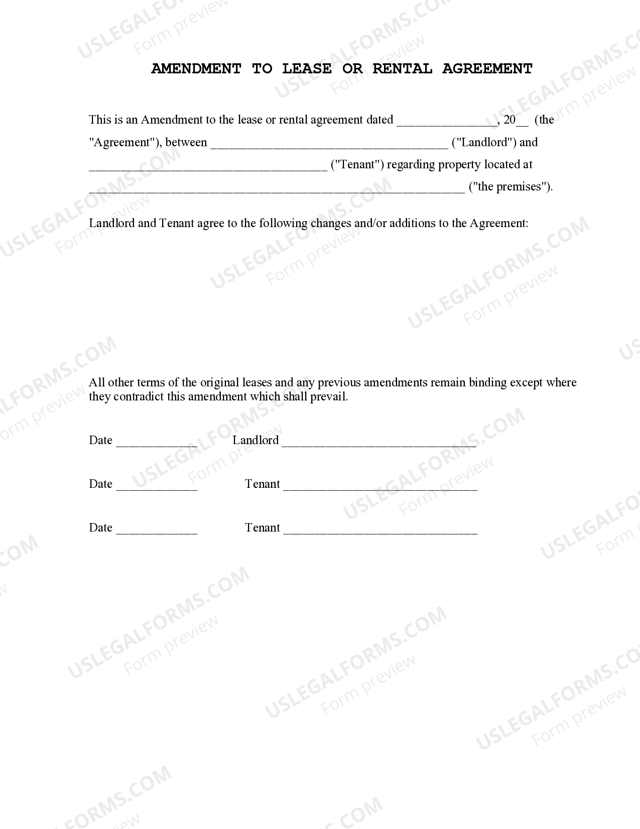 North Carolina Amendment to Lease or Rental Agreement Nc Rental