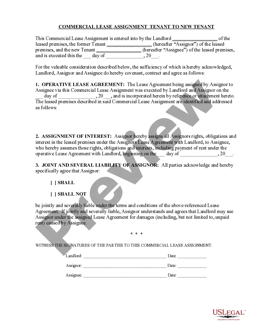 Get Commercial Lease Assignment from Tenant to New Tenant Preview Commercial Lease Assignment from Tenant to New Tenant