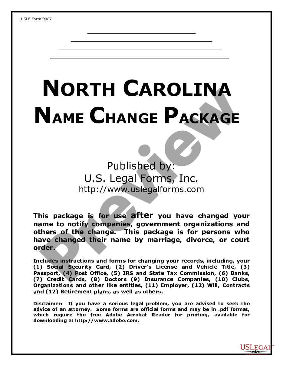 page 0 Name Change Notification Package for Brides, Court Ordered Name Change, Divorced, Marriage for North Carolina preview