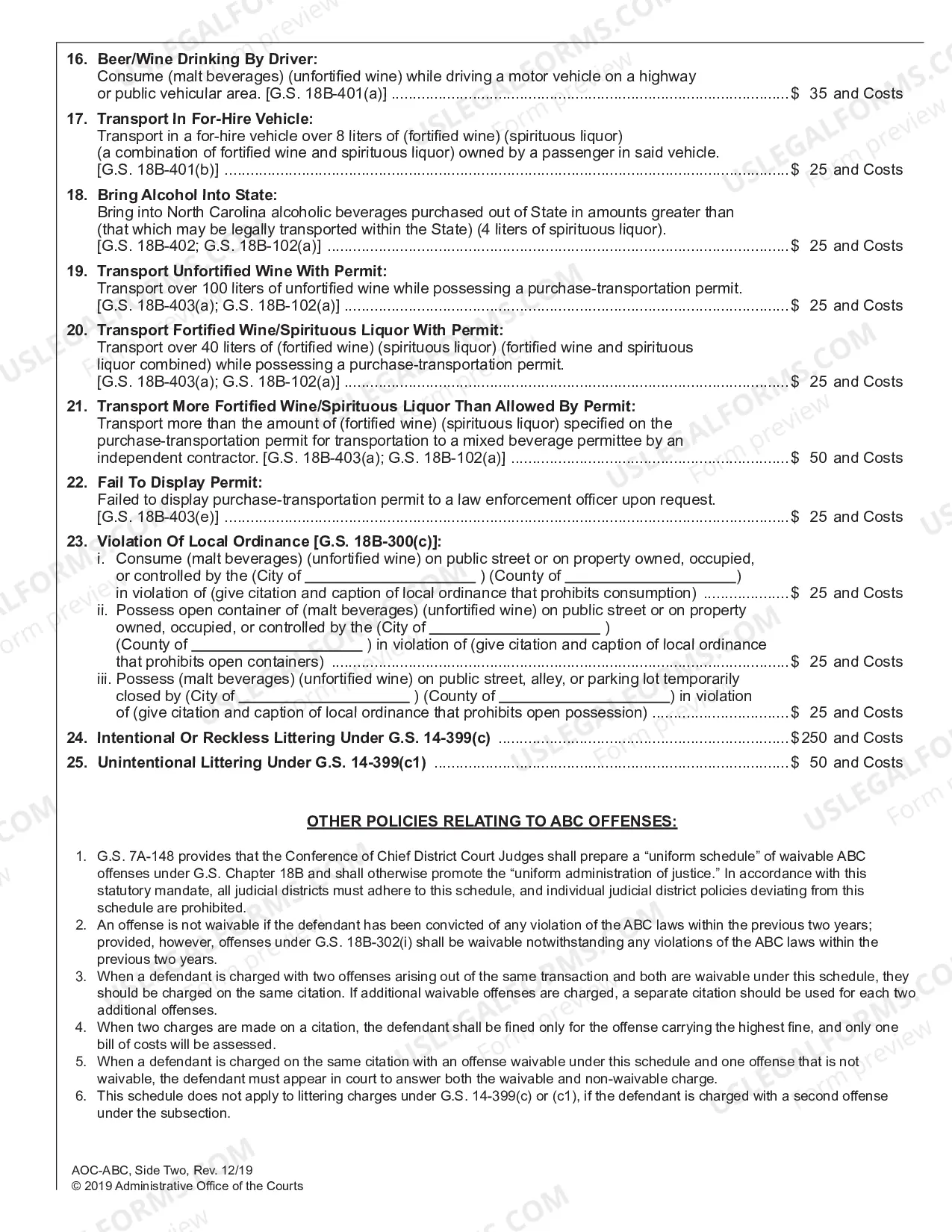 Preview ABC Offenses For Which Court Appearance May Be Waived (on or after Dec. 1, 2007)