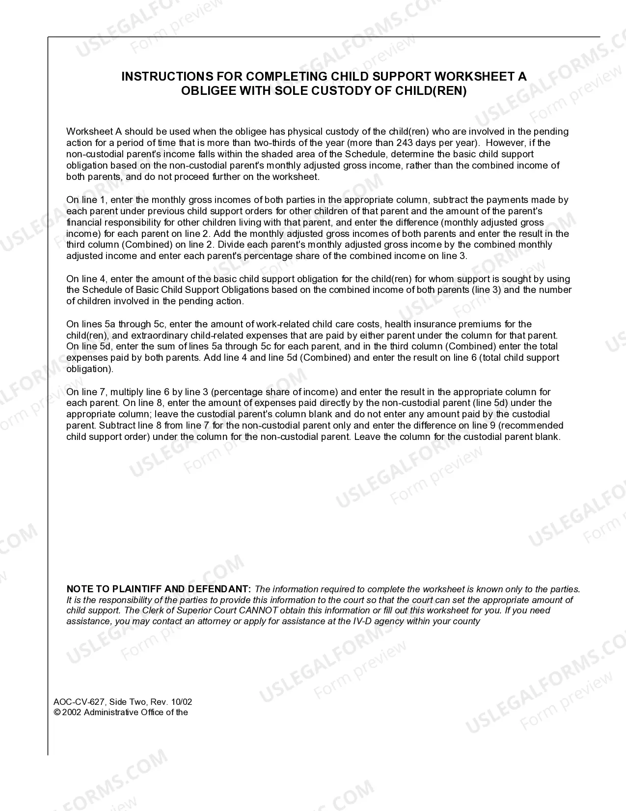 Preview Child Support Worksheet for Sole Custody