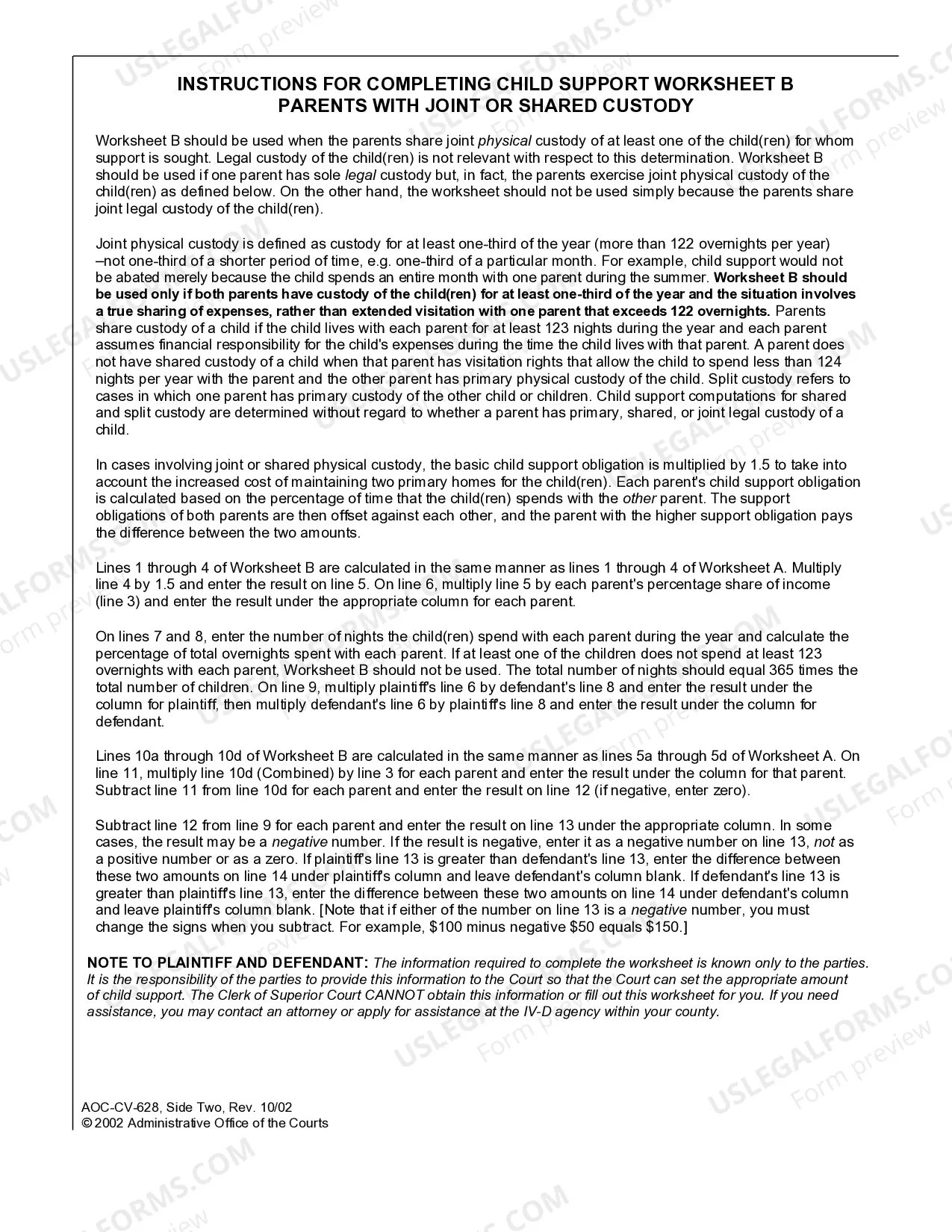 Preview Child Support Worksheet for Joint Custody