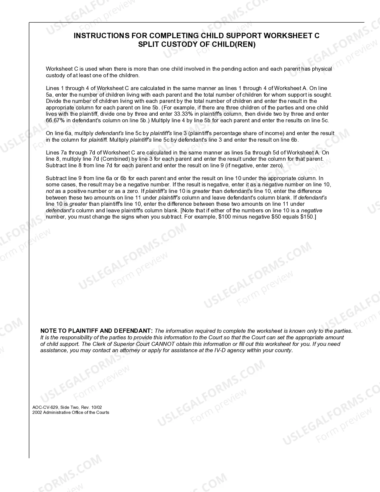 Preview Child Support Worksheet for Split Custody